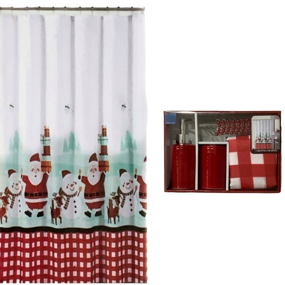 Holiday Bath Set Fabric Shower Curtain Christmas Santa Presents And Accessories